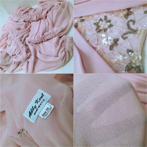 Vintage 90s Abby Kent Cocktail Dress -10 Ruched Crepe Embellished Fullskirt Pink - Picture 10 of 11